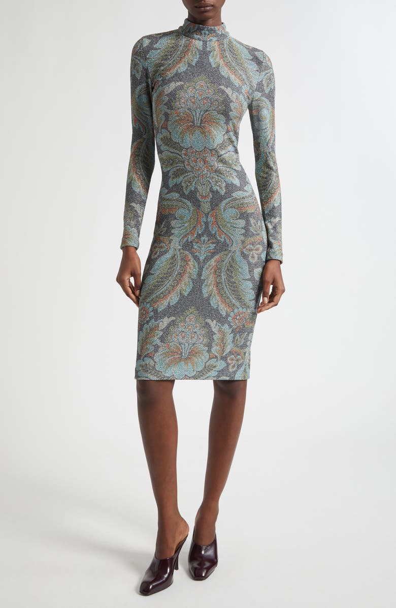 Etro Paisley Metallic Long Sleeve Body-Con Dress, Main, color, Printed Black Base