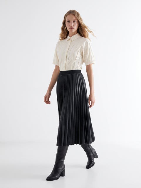 Pleated Faux Leather Midi Skirt With Elastic Waist