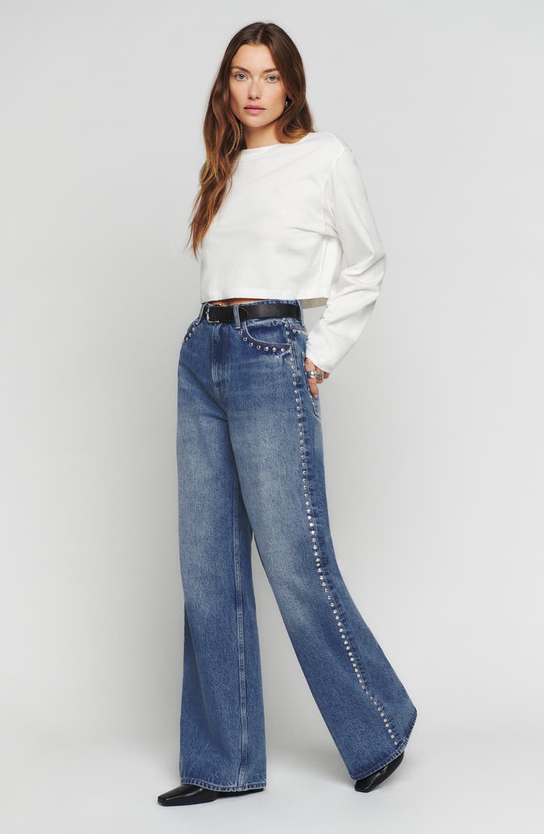 Reformation Cary Studded High Waist Slouchy Wide Leg Jeans, Alternate, color, Chesapeake Studded