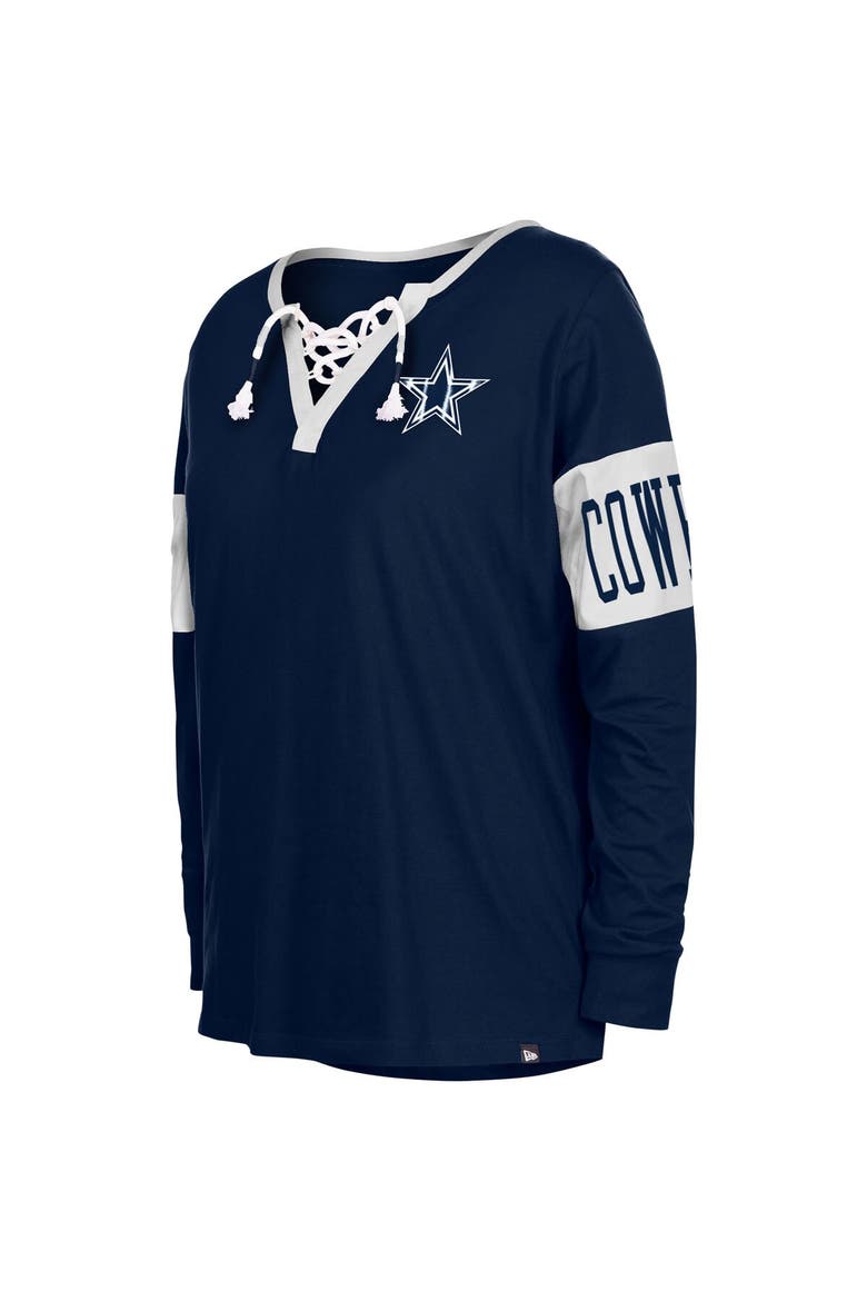Women's New Era Navy Dallas Cowboys Lace-Up Notch Neck Long Sleeve T-Shirt, Alternate, color, Navy