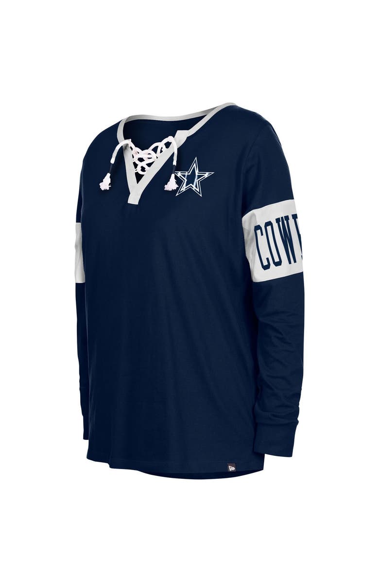 New Era Women's New Era Navy Dallas Cowboys Lace-Up Notch Neck Long Sleeve T-Shirt, Alternate, color, Navy