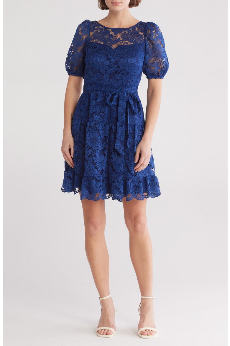 Puff Sleeve Lace Fit & Flare Dress, Main, color, NAVY