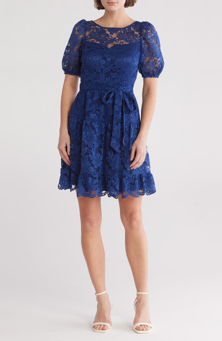 Vince Camuto Puff Sleeve Lace Fit & Flare Dress, Main, color, Navy