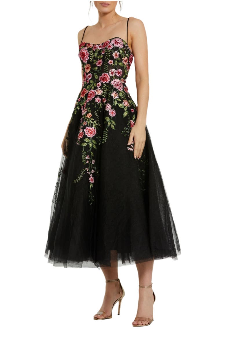 Bustier Embroidered Floral A-Line Dress, Main, color, Black Multi