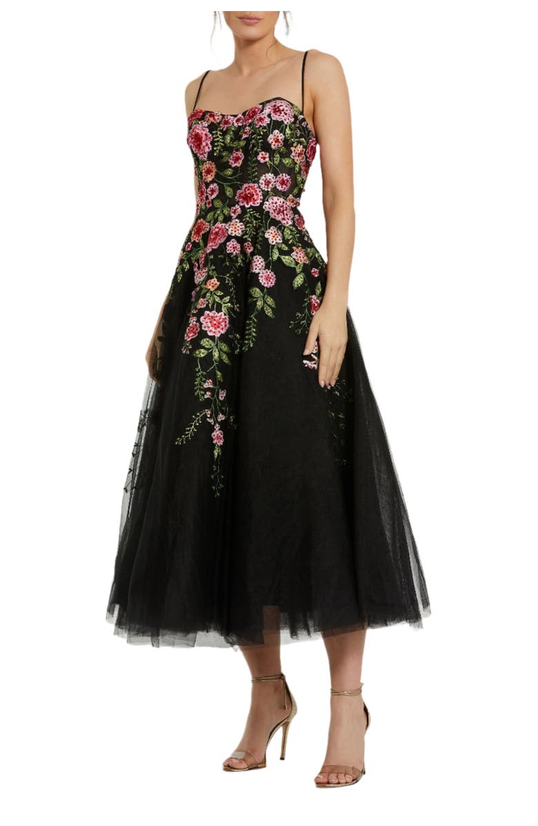 Mac Duggal Bustier Embroidered Floral A-Line Dress, Main, color, Black Multi