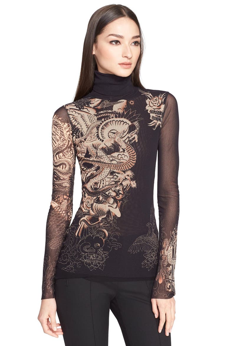Jean Paul Gautier Tattoo Print Tulle Turtleneck (Nordstrom Exclusive), Main, color, BLACK