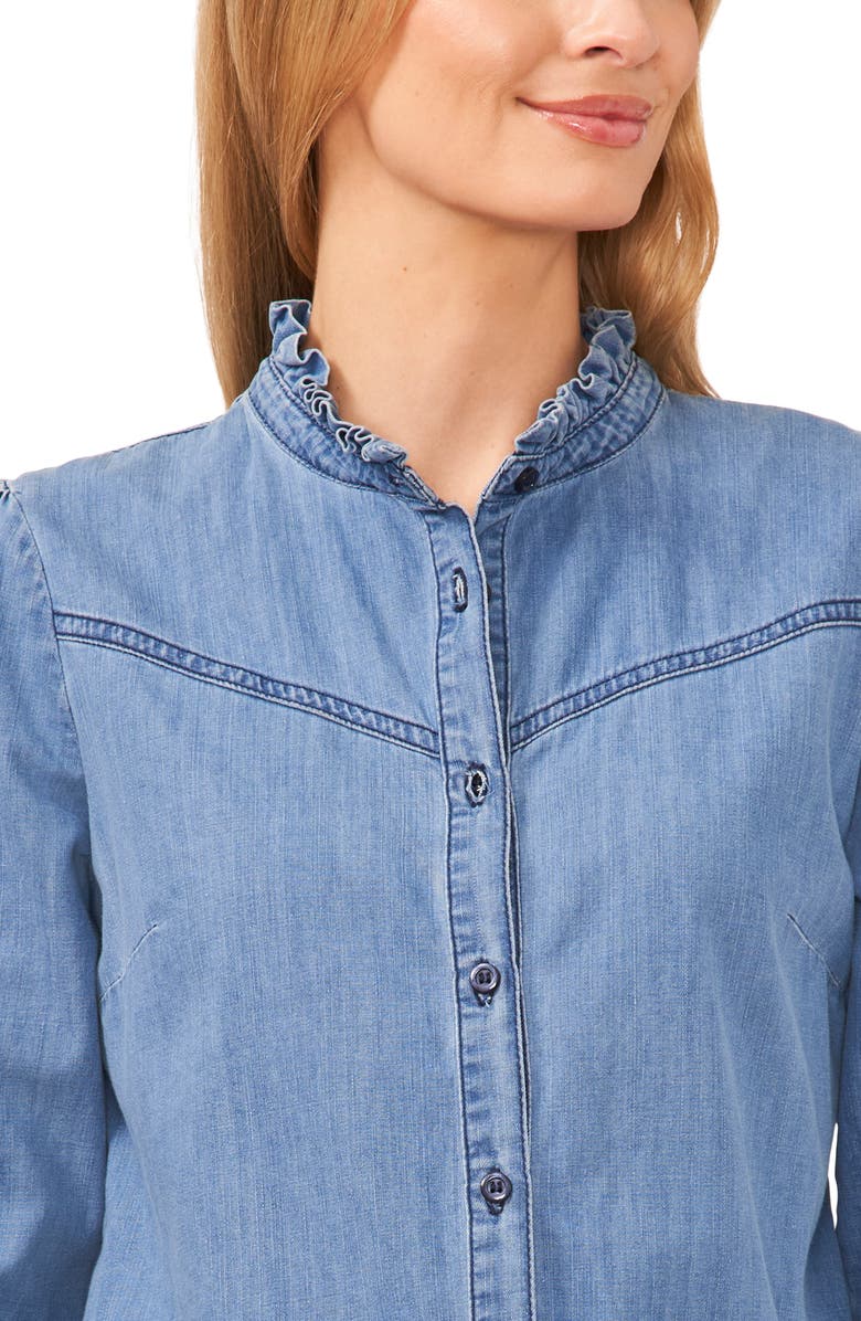 CeCe Ruffle Denim Button-Up Top, Alternate, color, 