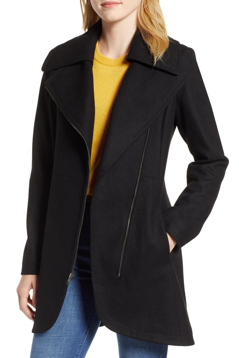 Asymmetrical Zip Wool Blend Coat, Alternate, color, BLACK