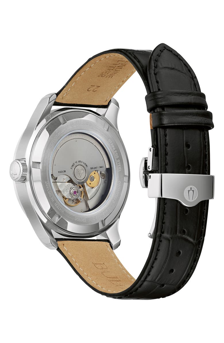 BULOVA Wilton GMT Automatic Leather Strap Watch, 43mm, Alternate, color, 