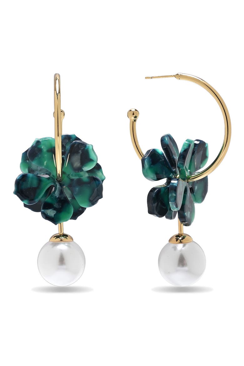 Valentina Faux Pearl Drop Floral Hoop Earrings, Main, color, GOLD