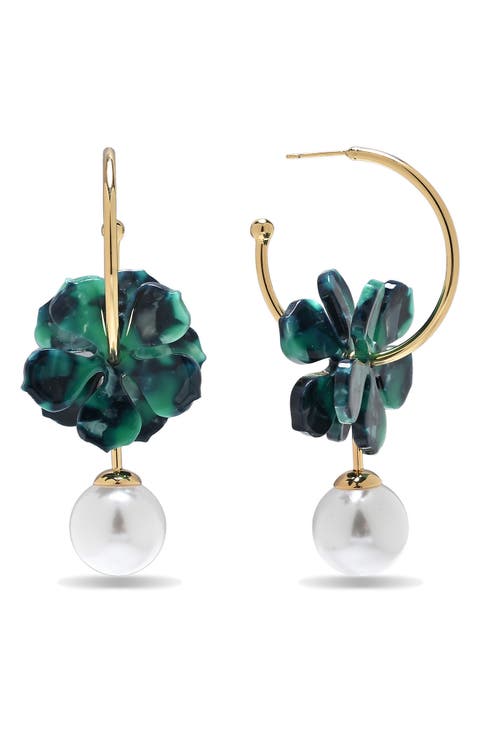 Valentina Faux Pearl Drop Floral Hoop Earrings
