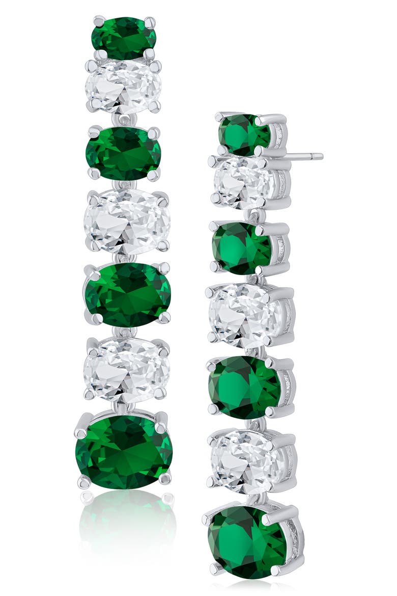 Oval Cubic Zirconia Linear Drop Earrings, Main, color, GREEN/ SILVER
