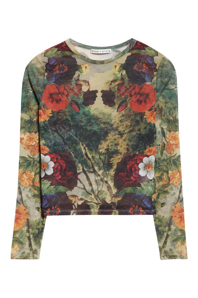 Delaina Printed Long Sleeve Mesh Top, Alternate, color, FORBIDDEN FOREST