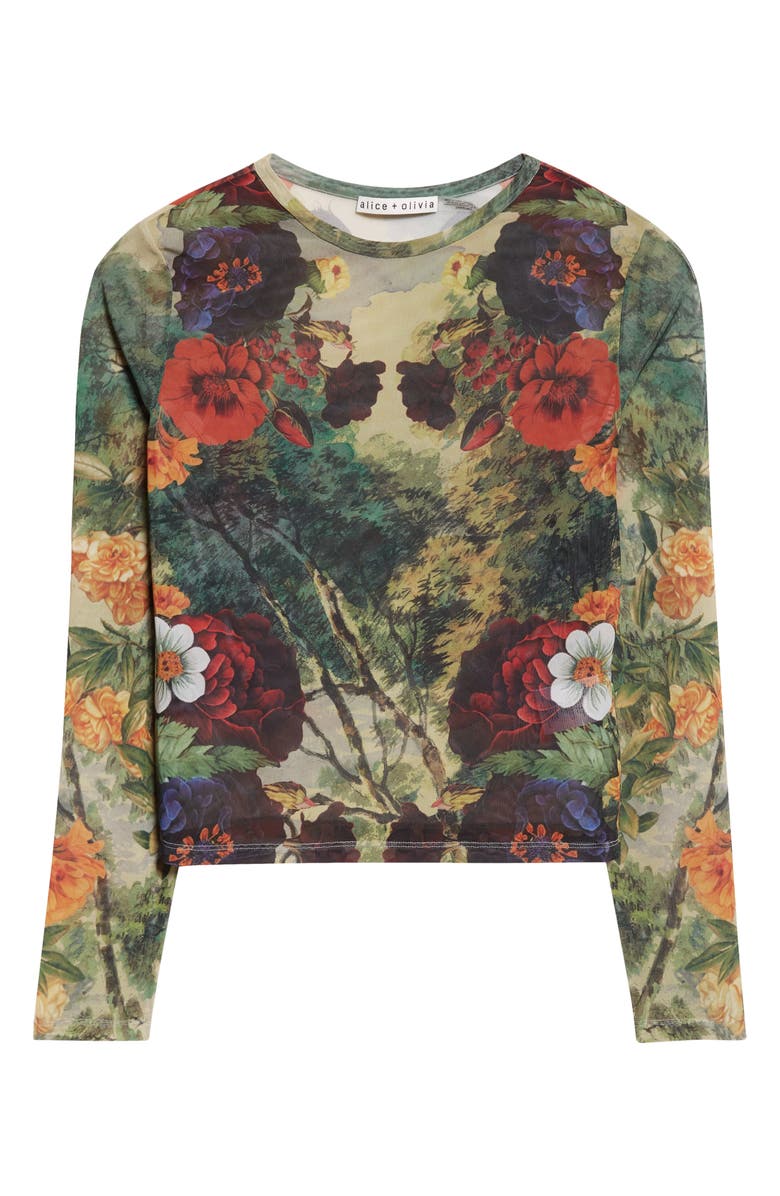 Alice + Olivia Delaina Printed Long Sleeve Mesh Top, Alternate, color, Forbidden Forest