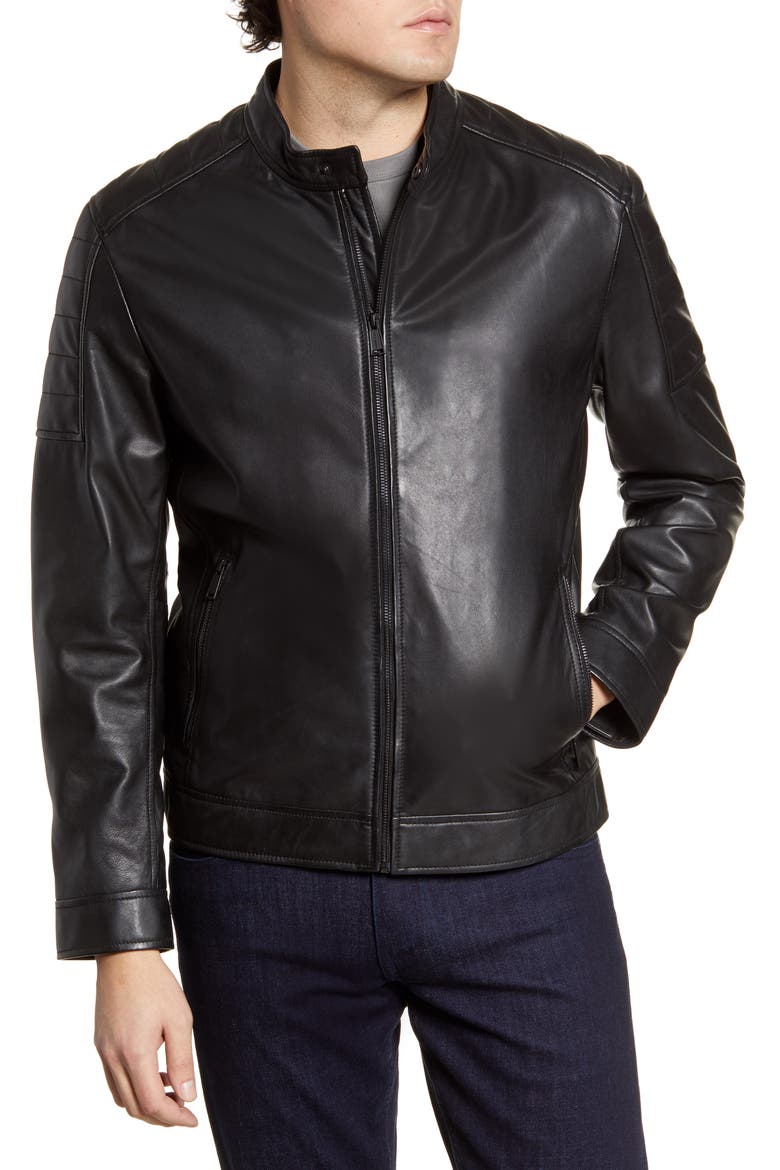 Racer Leather Jacket, Alternate, color, BLACK