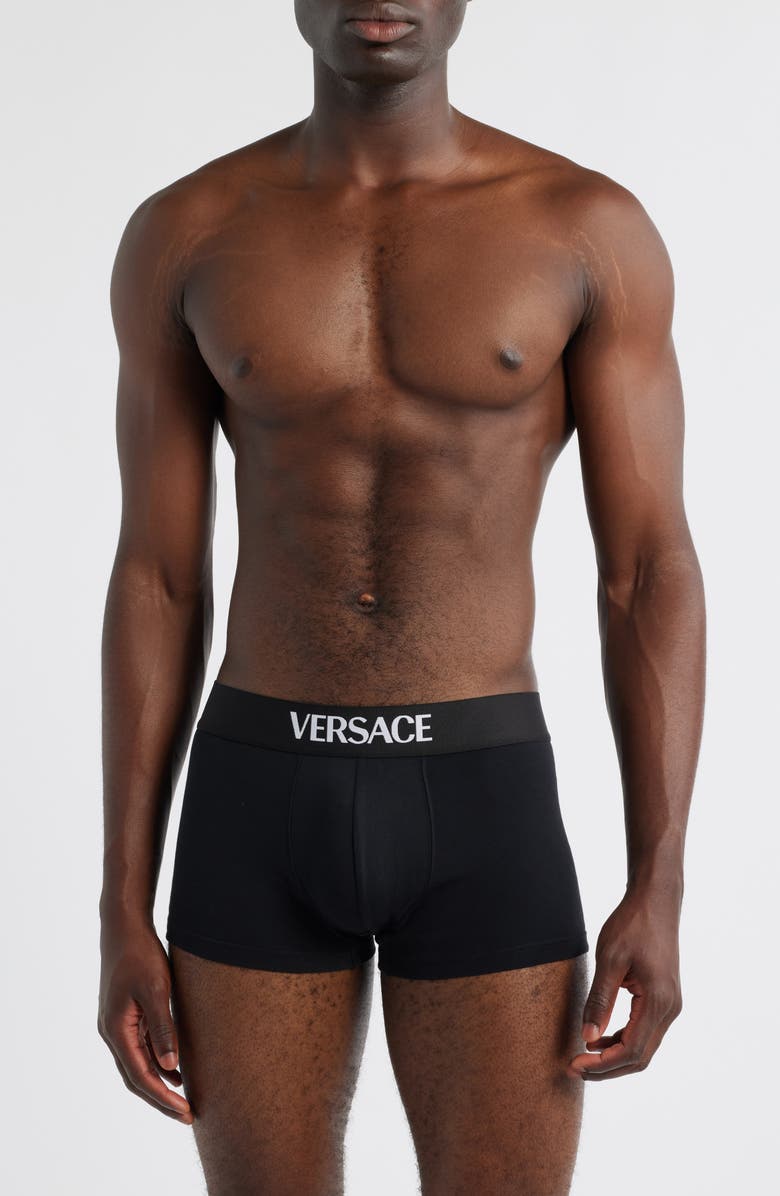Versace Essential Logo Stretch Cotton Boxer Briefs, Main, color, Black