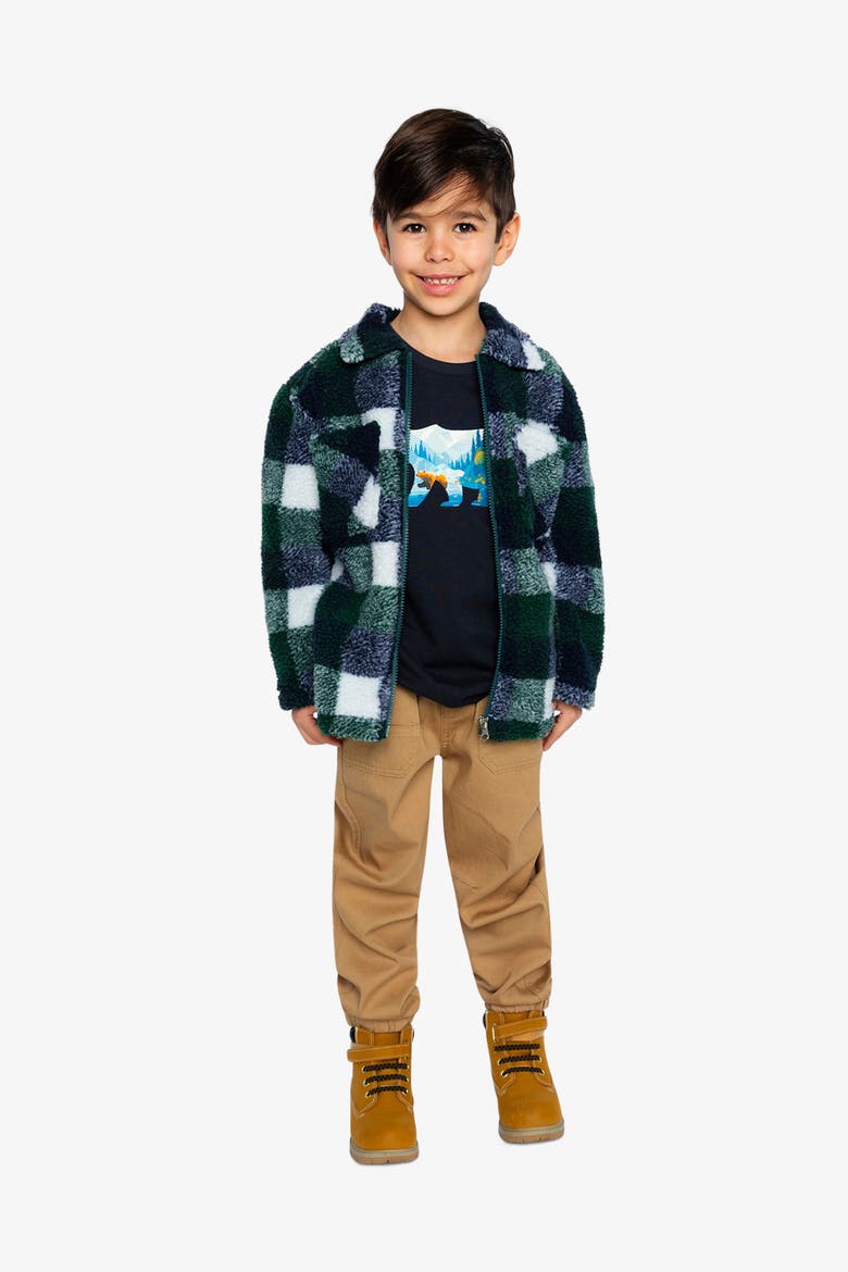 Zipped Fleece Check Chest Pocket Overshirt, Alternate, color, Blue and Green Checks