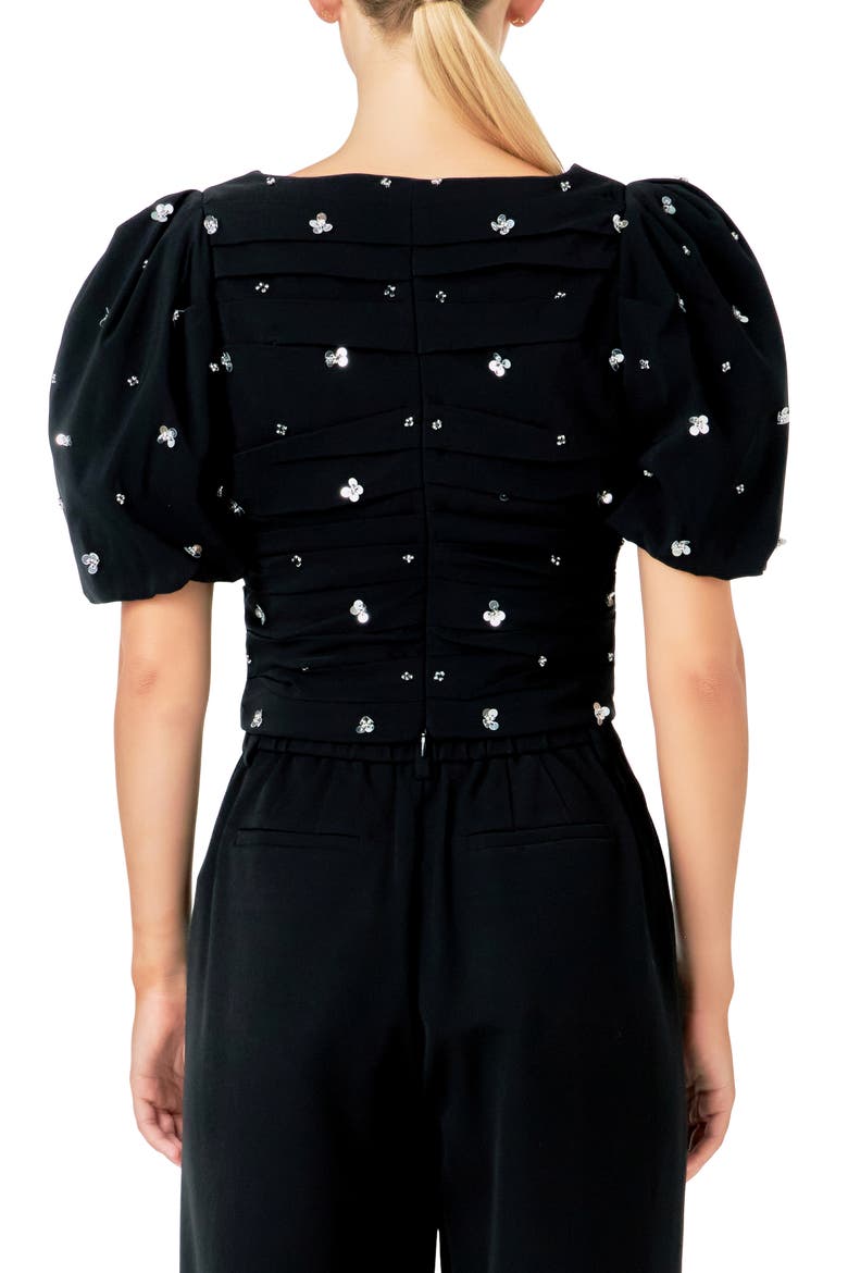 Sequin Floral Embellished Puff Sleeve Top, Alternate, color, BLACK