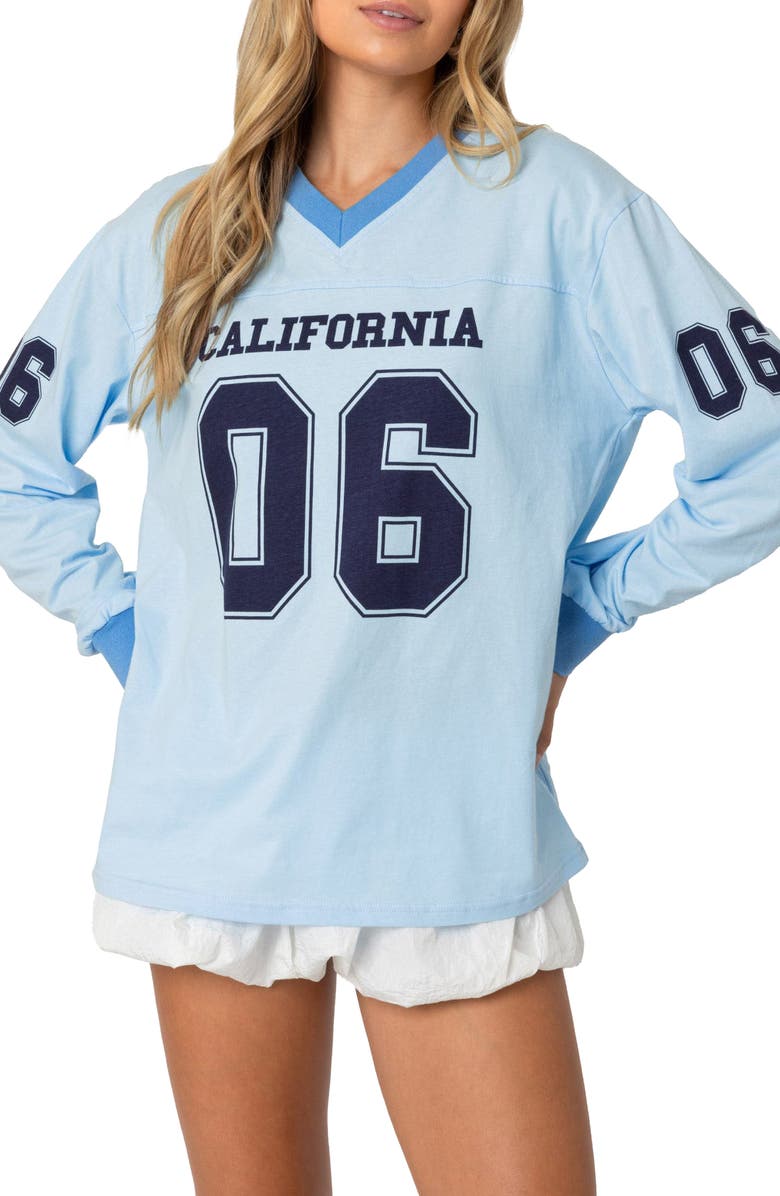 EDIKTED Cali 06 Oversize Long Sleeve Cotton Graphic Football T-Shirt, Main, color, Light-Blue