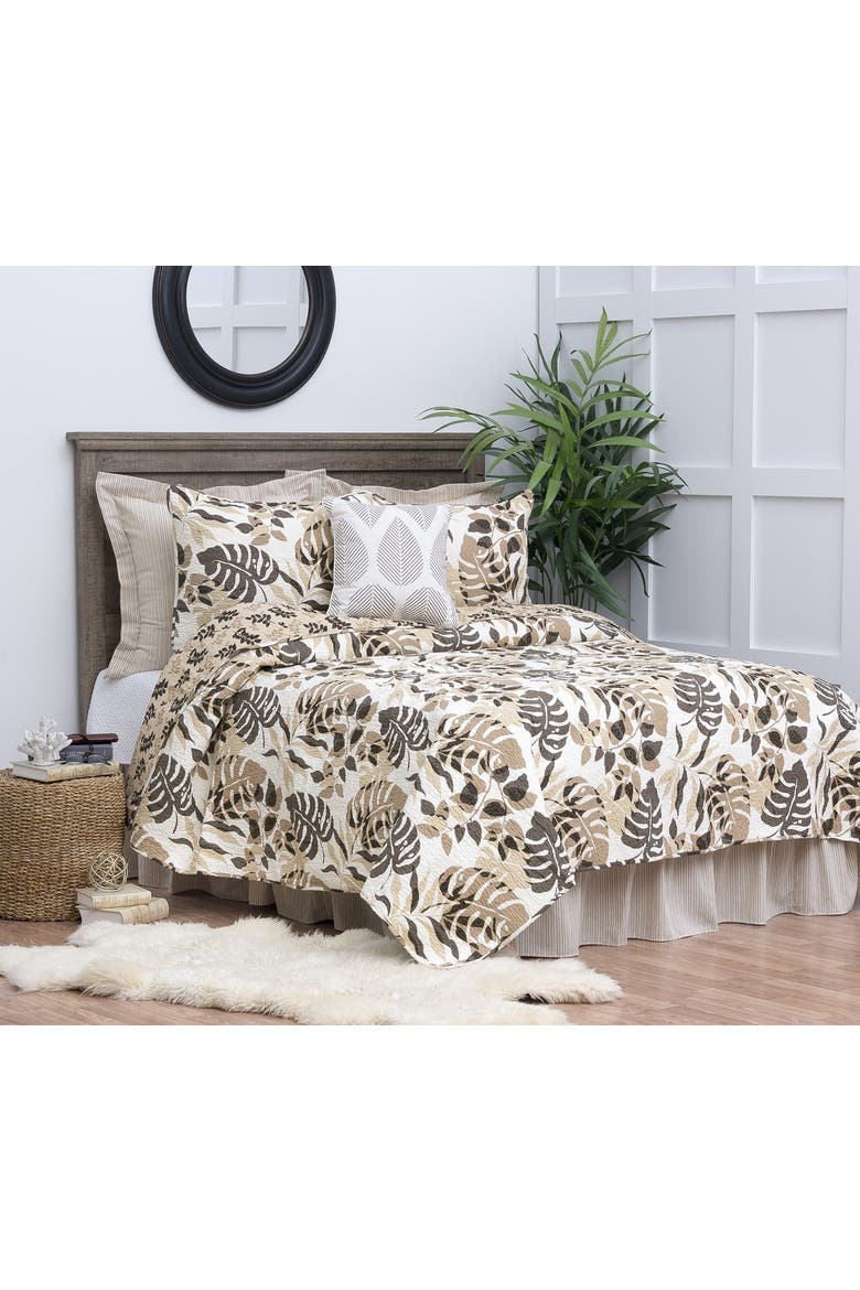 Silhouette Palm Cotton Quilt Set  - Reversible and Machine Washable, Main, color, Brown