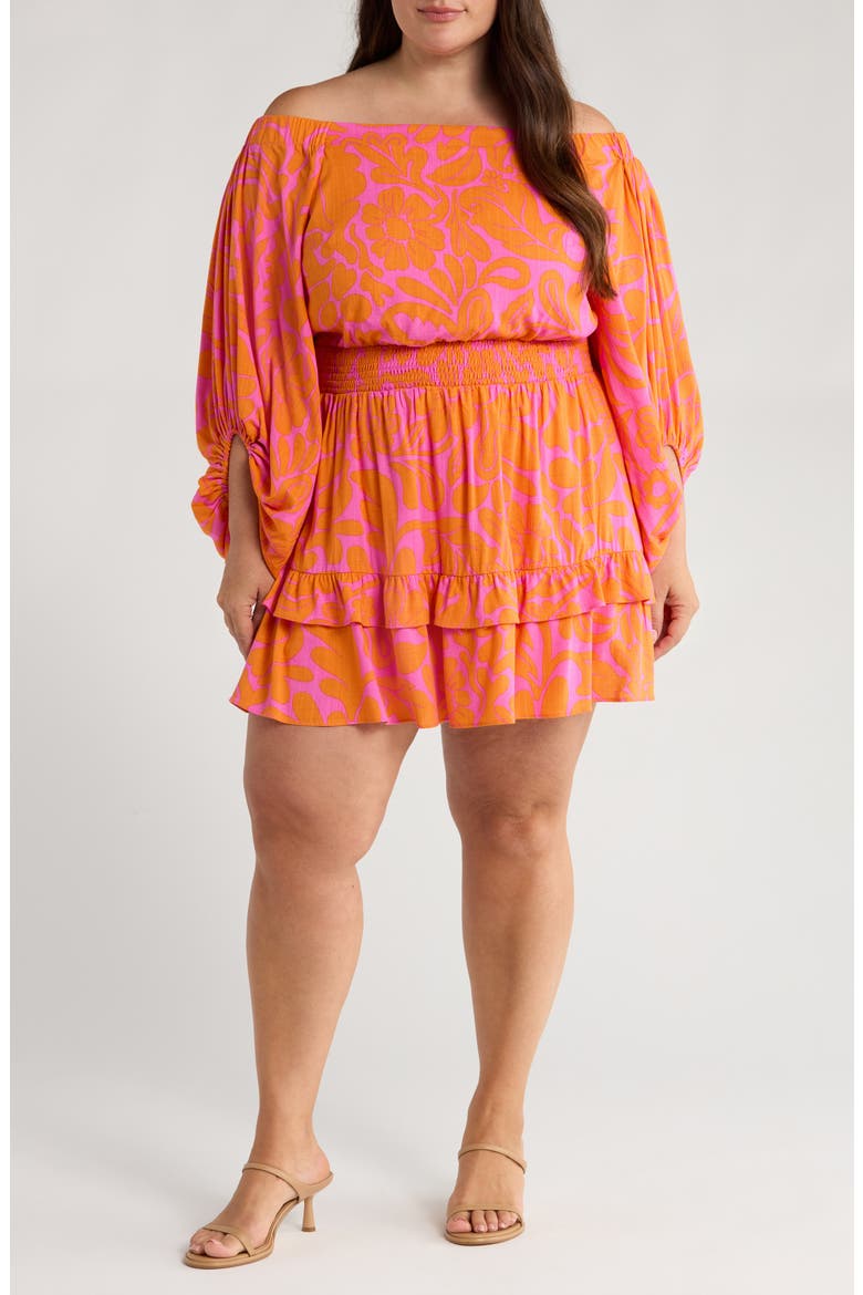 Kaci Floral Bea Off the Shoulder Long Sleeve Minidress, Main, color, ORANGE/ FUCHSIA