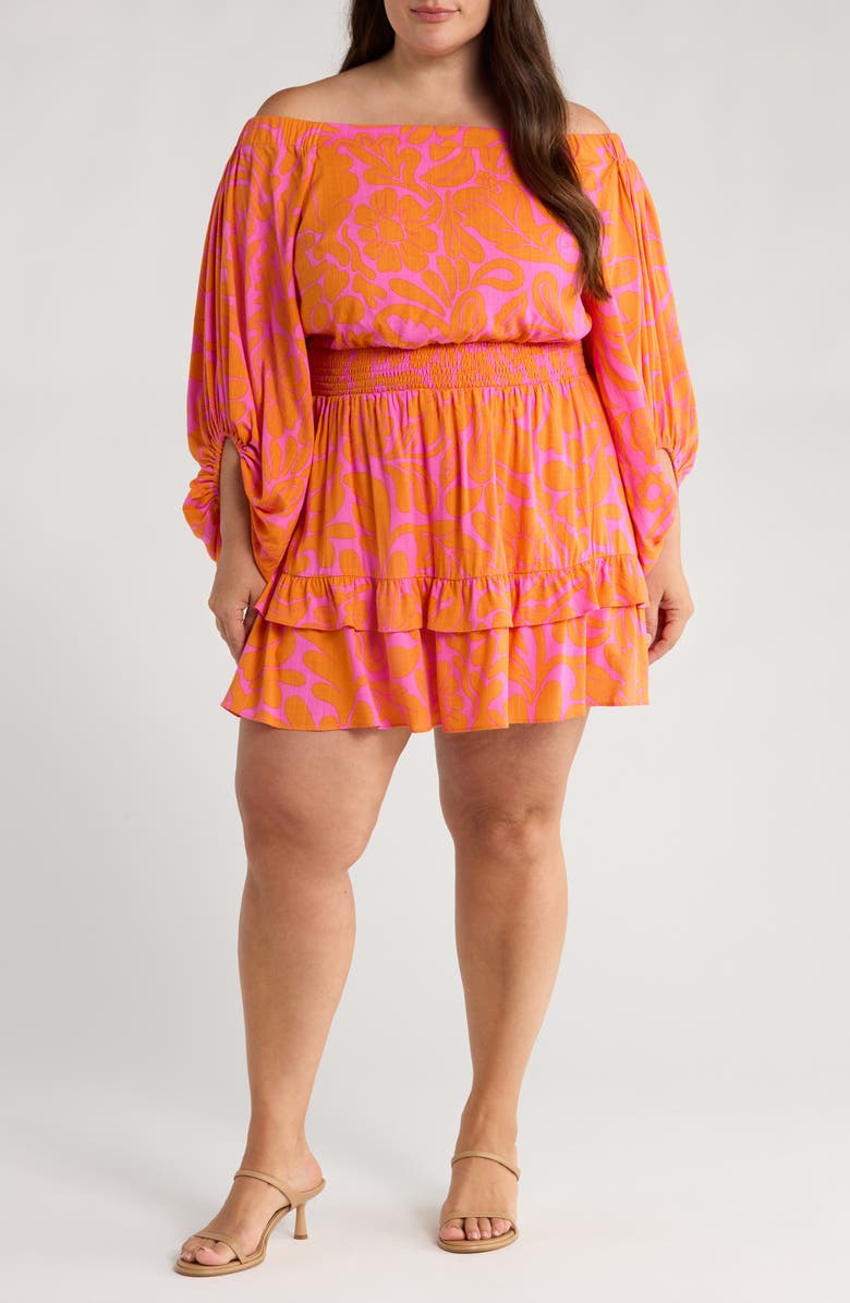 SUGARLIPS Kaci Floral Bea Off the Shoulder Long Sleeve Minidress, Main, color, Orange/ Fuchsia