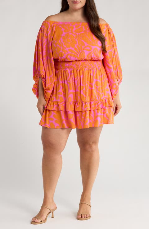 Kaci Floral Bea Off the Shoulder Long Sleeve Minidress (Plus)