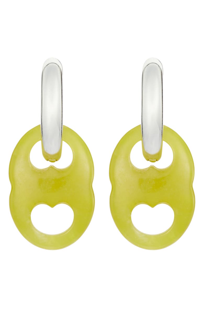 Tory Burch Gemini Two-Tone Link Huggie Hoop Drop Earrings, Alternate, color, Light Silver / Green