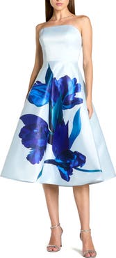 Mac Duggal Strapless Satin Midi Dress With Flower Print