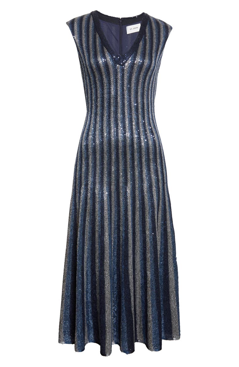 ST. JOHN Sequin Stripe Fit & Flare Midi Dress, Alternate, color,