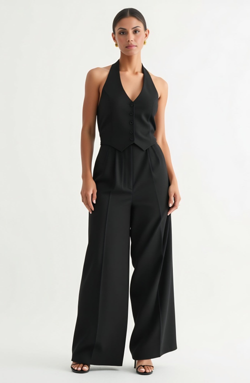 Modenaire Button-Detail Halter Vest and Wide-Leg Pocket Pants Set in Black  product