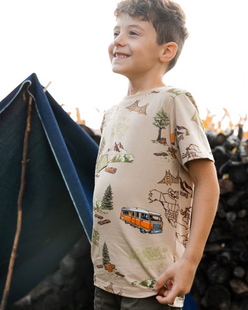 Deux Par Deux Little Boy's Printed Organic Cotton Tee Camping Beige In Camping Beige