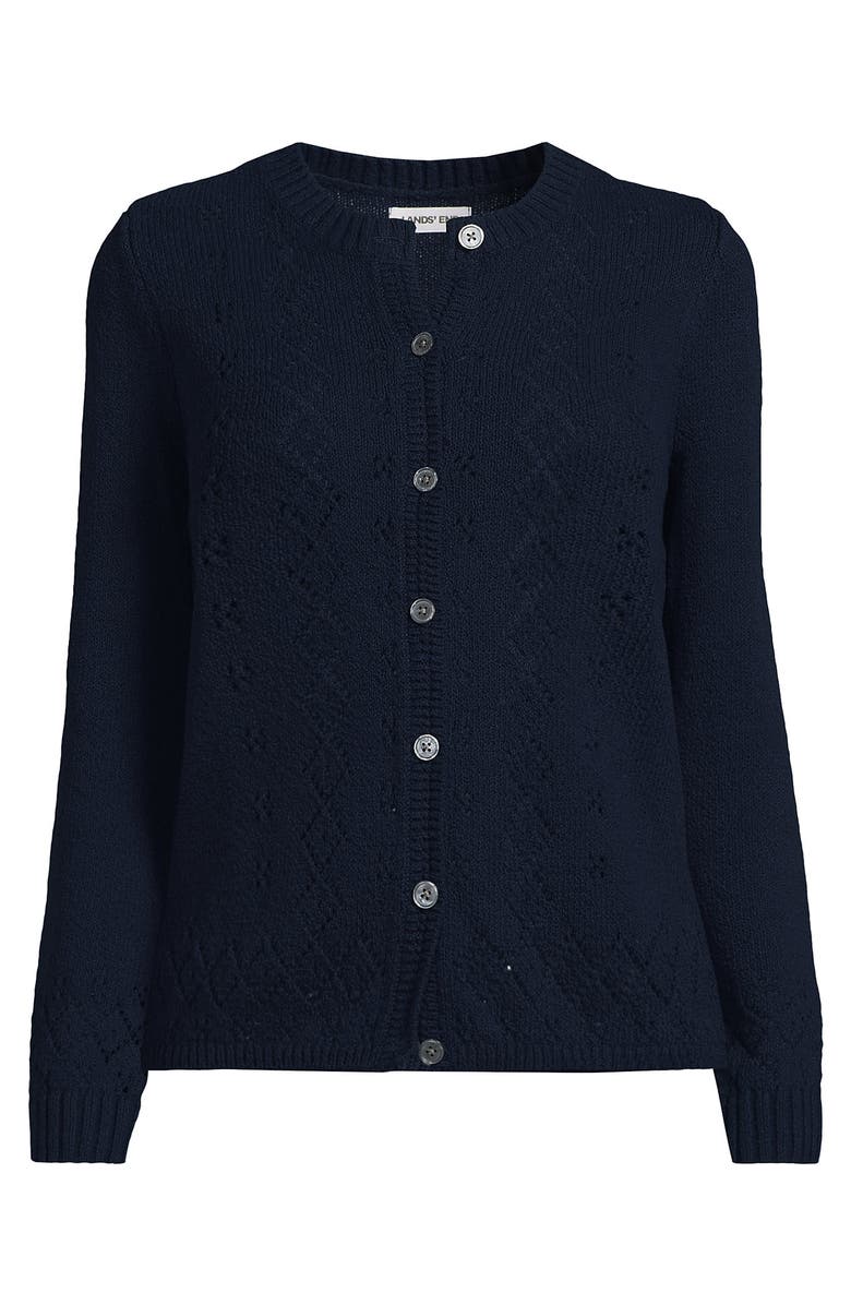 Lands' End Plus Size Pointelle Crew Neck Cardigan Sweater, Alternate, color, Radiant Navy