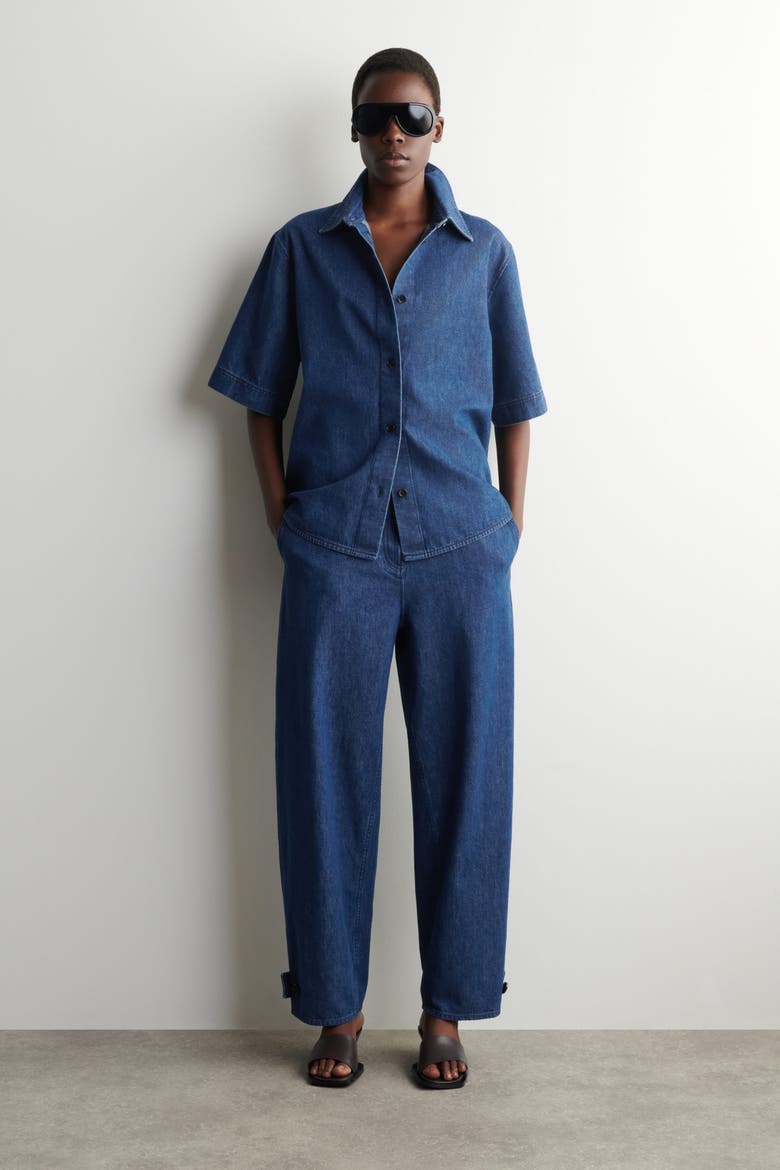 Boxy Short-sleeved Denim Shirt, Alternate, color, DARK BLUE
