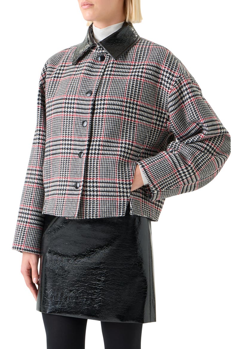 Glen Plaid Wool Jacket with Faux Leather Collar, Alternate, color, BLACK-CREAM-VERMILLION
