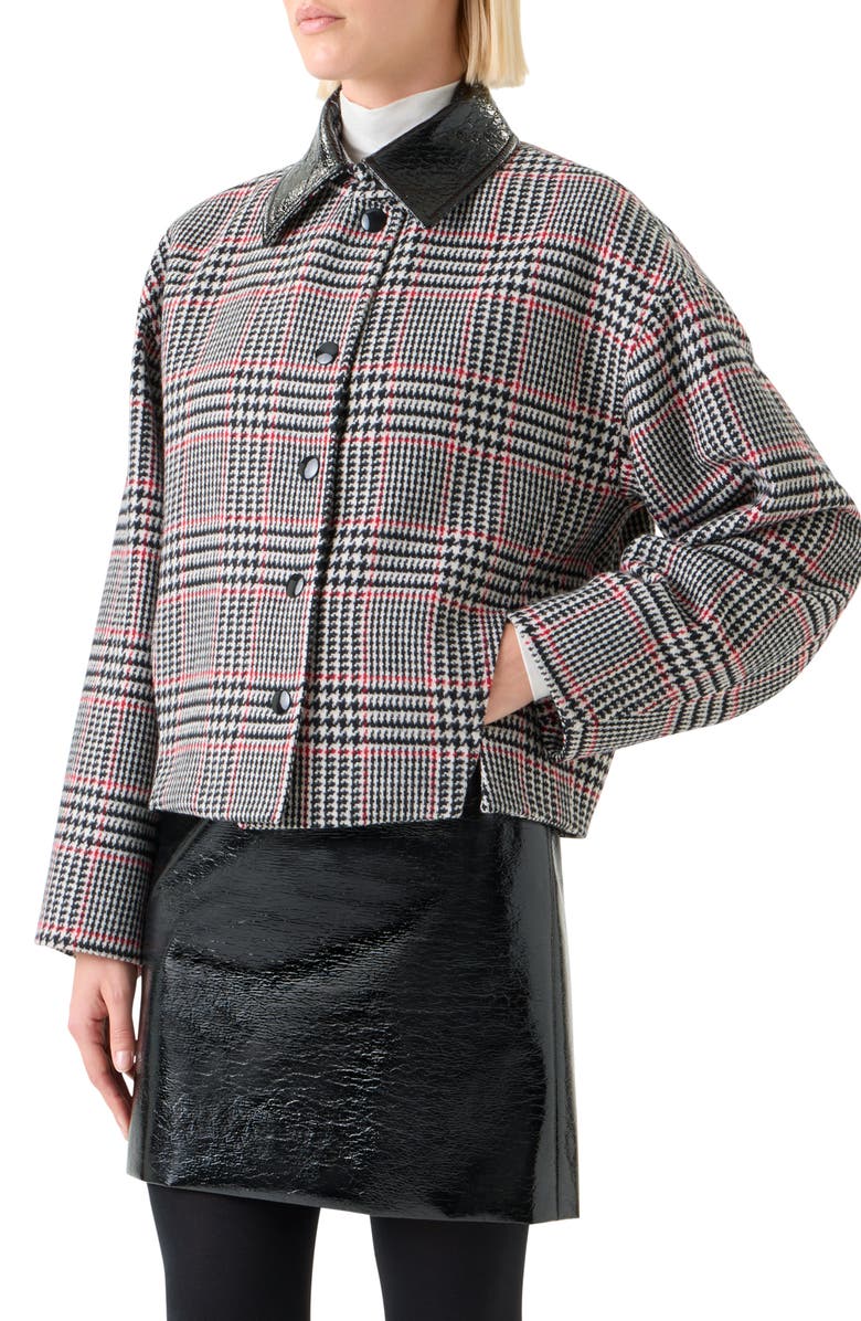 Akris punto Glen Plaid Wool Jacket with Faux Leather Collar, Alternate, color, Black-Cream-Vermillion