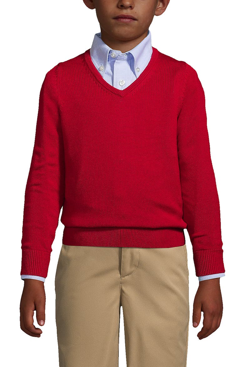 School Uniform Boys Cotton Modal Fine Gauge V-neck Sweater, Main, color, Red