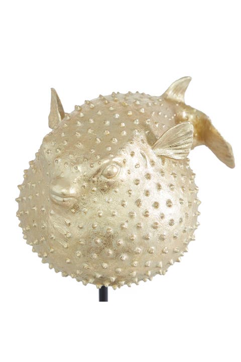 Goldtone Polyresin Handmade Spiked Blowfish Sculpture with Stand