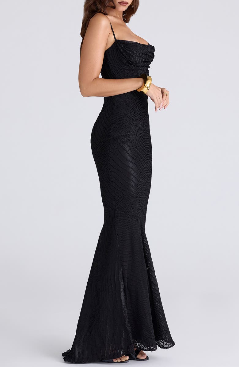 HOUSE OF CB Nalani Satin Burnout Gown, Alternate, color, Black
