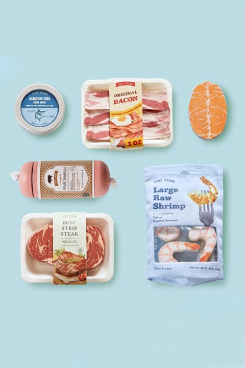 Organic Wooden Seafood and Meat Play Food Set for Kids,6 Piece