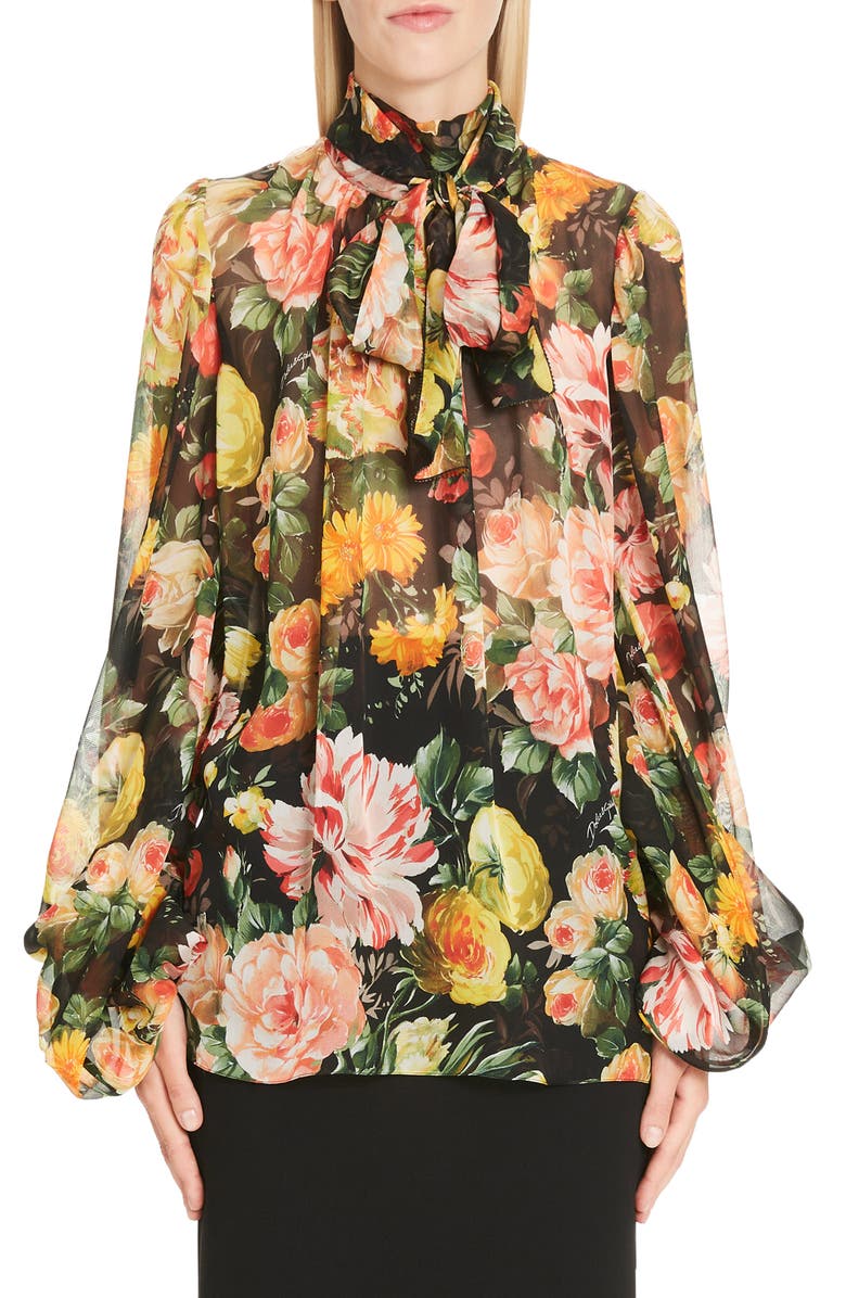 Dolce&Gabbana Floral Print Tie Neck Chiffon Blouse, Alternate, color, 