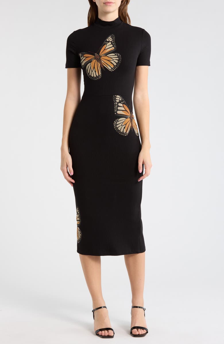 Desigual Butterfly Print Short Sleeve Ribbed Dress, Main, color, Black