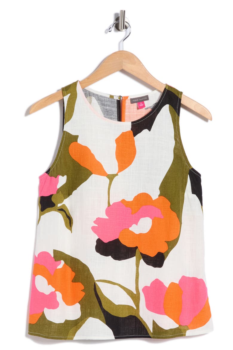 Floral Print Linen Tank, Alternate, color, OFF WHITE/ HOT PINK MULTI