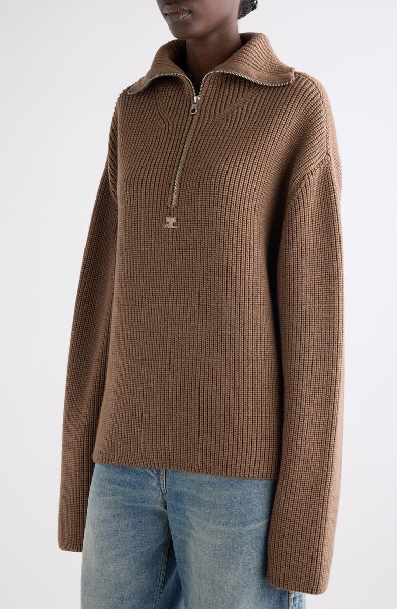 Courrèges Trucker Wool Rib Half Zip Sweater, Alternate, color, Mocha