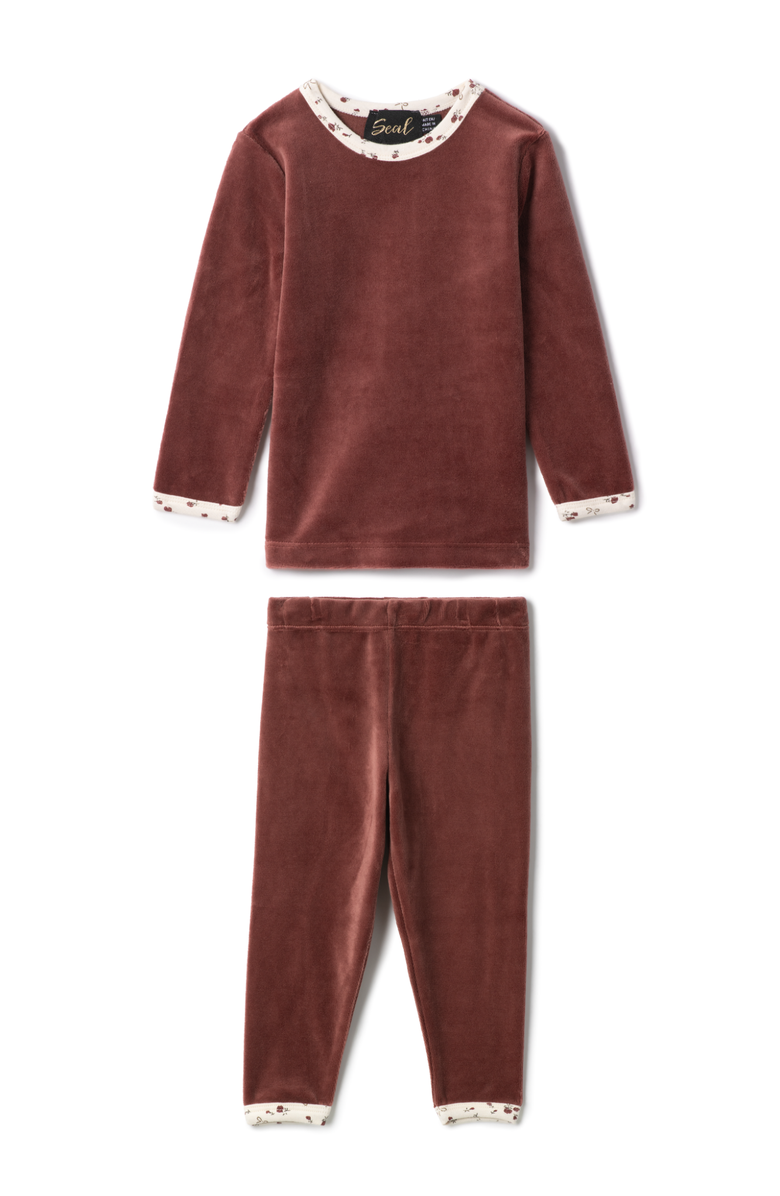 Seal Girl Velour Floral Print Neckline Long Sleeve Top & Elastic Waist Pants Set, Main, color, Brick