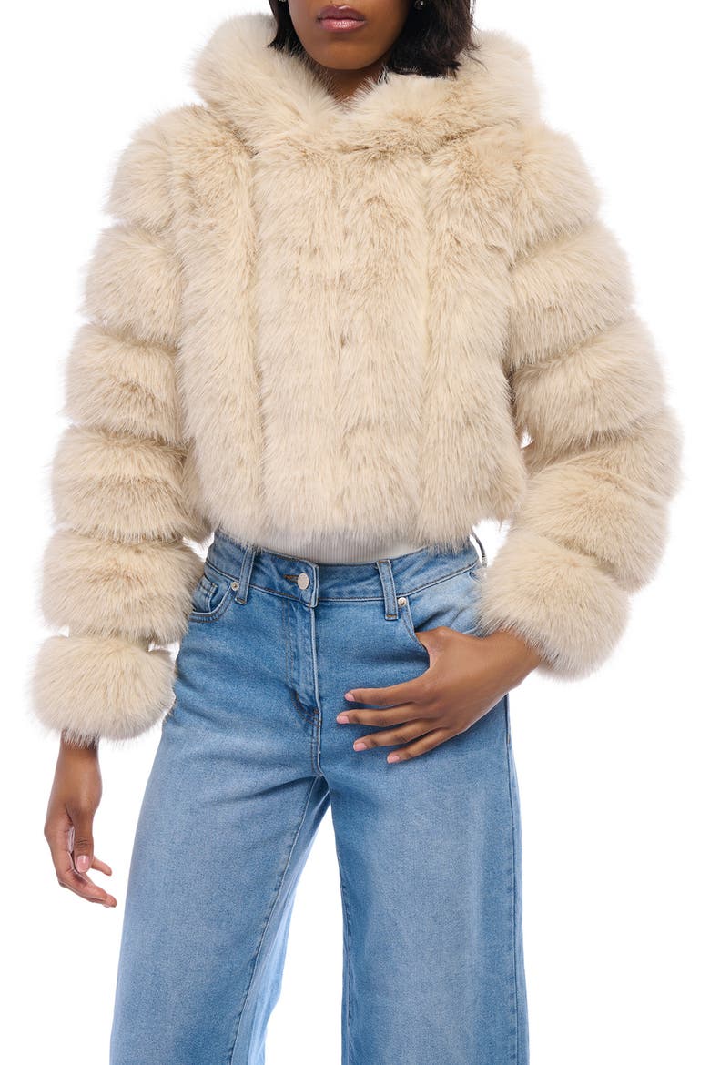 Jolene Crop Faux Fur Hooded Jacket, Main, color, BEIGE
