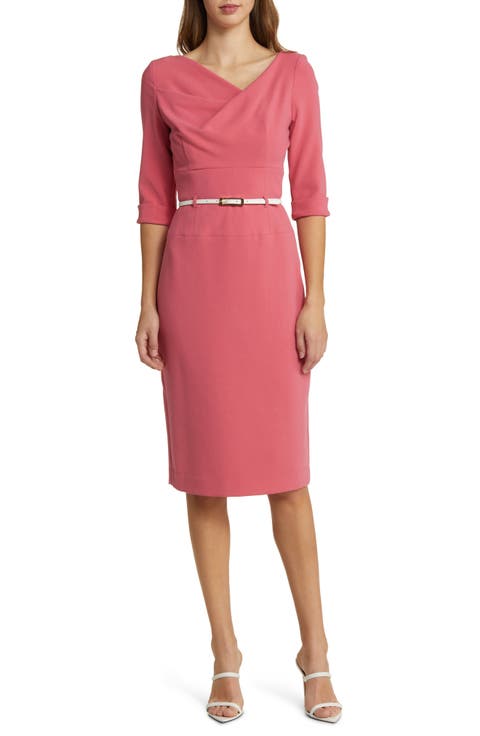 Belted Drape Neck Sheath Dress