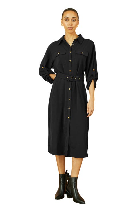 3/4 Sleeve Belted Midi Shirt Dress