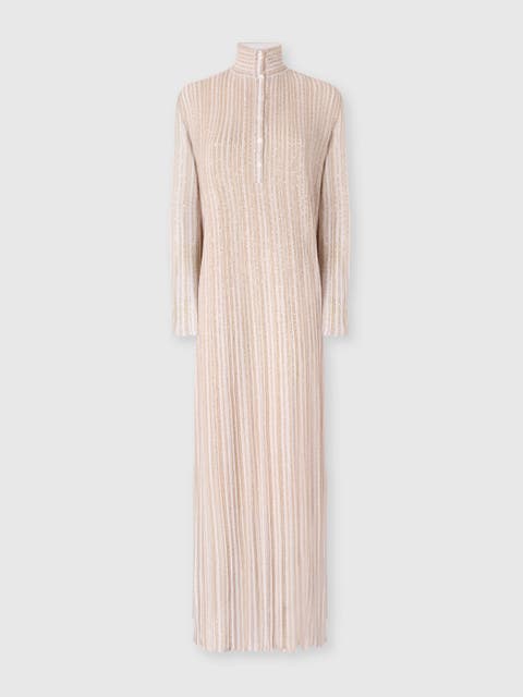 Long Button-down Dress With Lamé Stripes And Long Sleeves