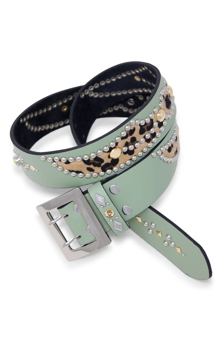 mnml Leopard Stud Leather Belt, Main, color, Sage/ Cheetah
